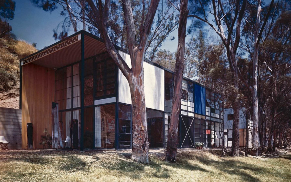 Located in the Pacific Palisades, California the Eames House - Case Study House #8 (1949). The colorful panels and off-the-shelf. inexpensive building materials are reflective of the design and construction techniques of the ESU's. 