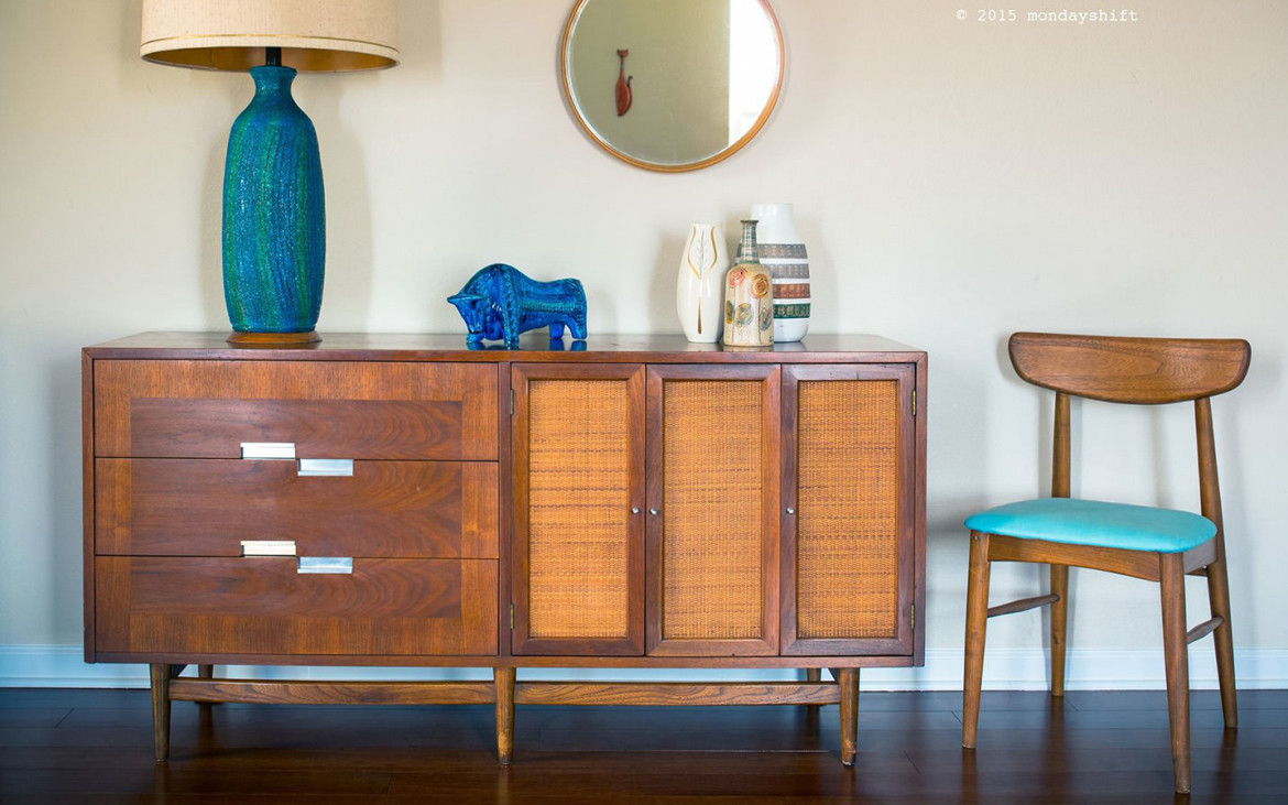 Just lovely. Do I need to say more than that about Max Mcdonald’s post? Everything works - the colors of the ceramic pieces, the teal and teak of the chair, and the vibrant blue/green of the lamp balanced with the perfect neutral shade. Perfect objects for the perfect perch, which in this case is an American of Martinsville dresser. There is a lot to like about this post. First of all the composition, not just of the photo, but of the objects themselves show a skilled hand. But what I like about this the most is that this striking ensemble of objects are not that expensive to acquire. Anyone one on just about any budget can pull together a stunning MCM look. Granted, some pieces have gone up with the advent of the Mad Men crowd but there are still many lovely affordable items out there waiting for you! Beautifully done, Max, and thanks for sharing! Click here for the original post. 