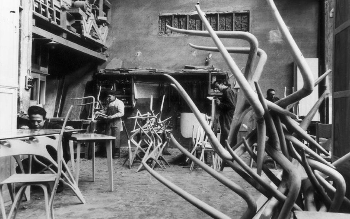 The Apelli & Varesio workshop in Turin, Italy showing Carlo Mollino's 'Model 1114' coffee table being made. 
