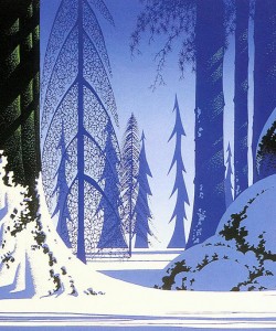 mid century modern christmas illustration Eyvind Earle winter