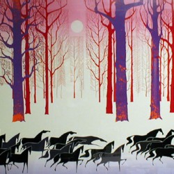 mid century modern christmas illustration Eyvind Earle winter