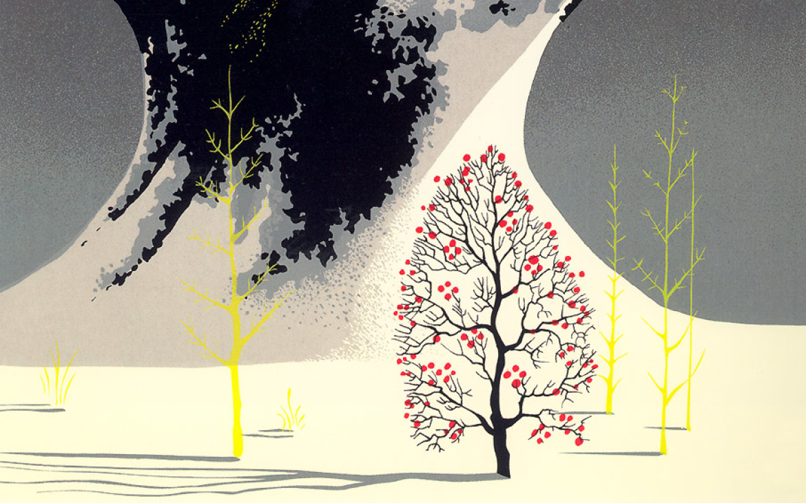 mid century modern christmas illustration Eyvind Earle winter