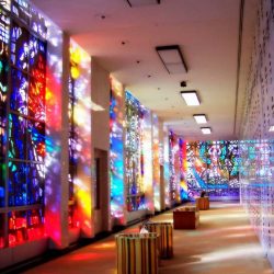 stained glass mid century modern Resurrection Cemetery Mausoleum illinois new formalism