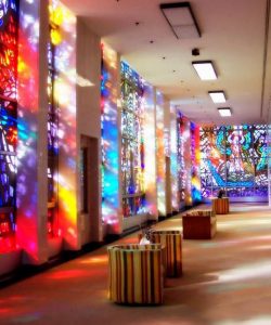 stained glass mid century modern Resurrection Cemetery Mausoleum illinois new formalism